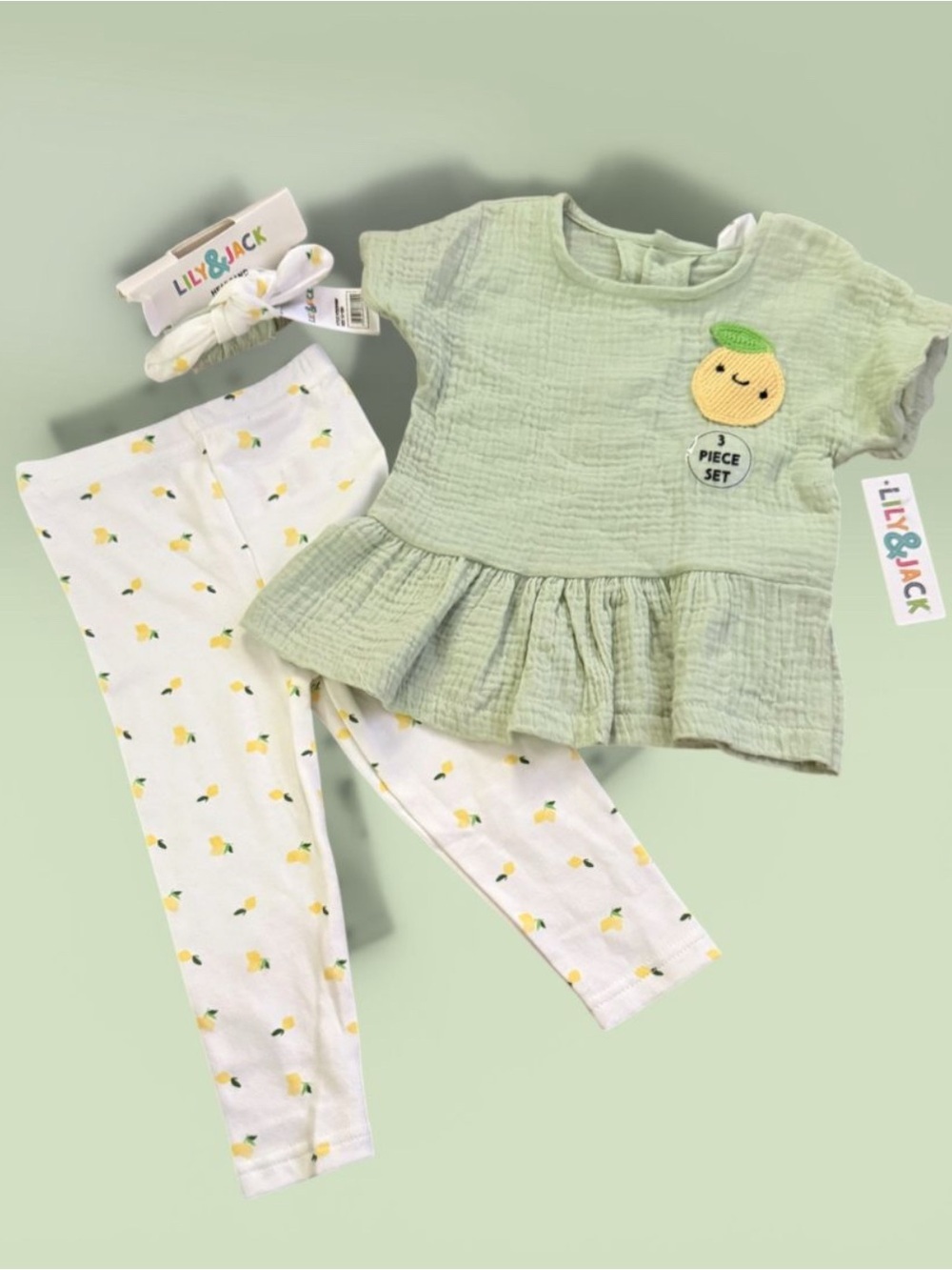Lily & Jack Sage Green Peplum Top and Lemon Print Leggings Set